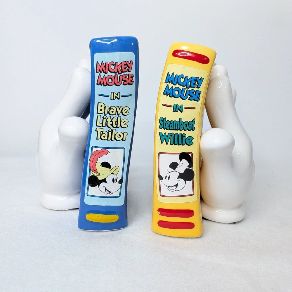 VTG Disney Enesco Mickey Mouse Story Book Gloves Ceramic Book Ends Blue Yellow